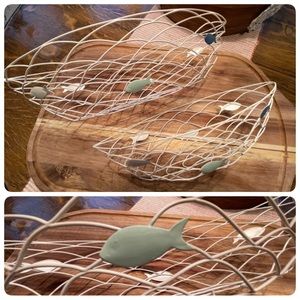 (2) Nautical Ivory Wire Boat Shaped Baskets (3) Metal Colored Fish on each side